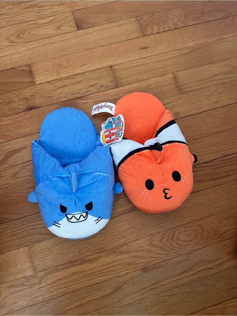 Plush XL Youth Shark & Clownfish Kids Stuffed Animal Slippers - Blue & Orange